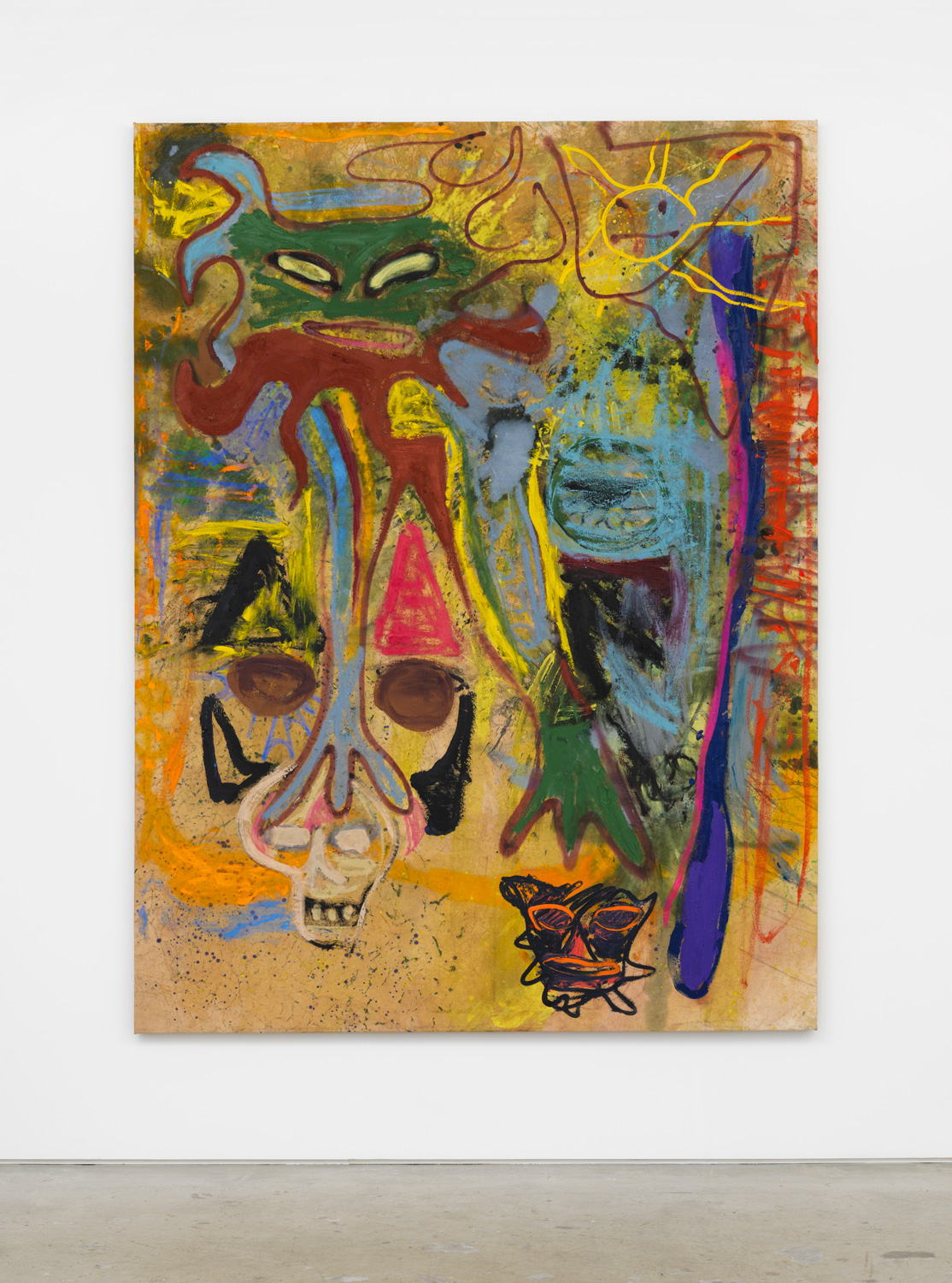 Bill Saylor, Helio, 2018, oil, flashe, oil stick, spray paint on canvas, 84 x 63 in.