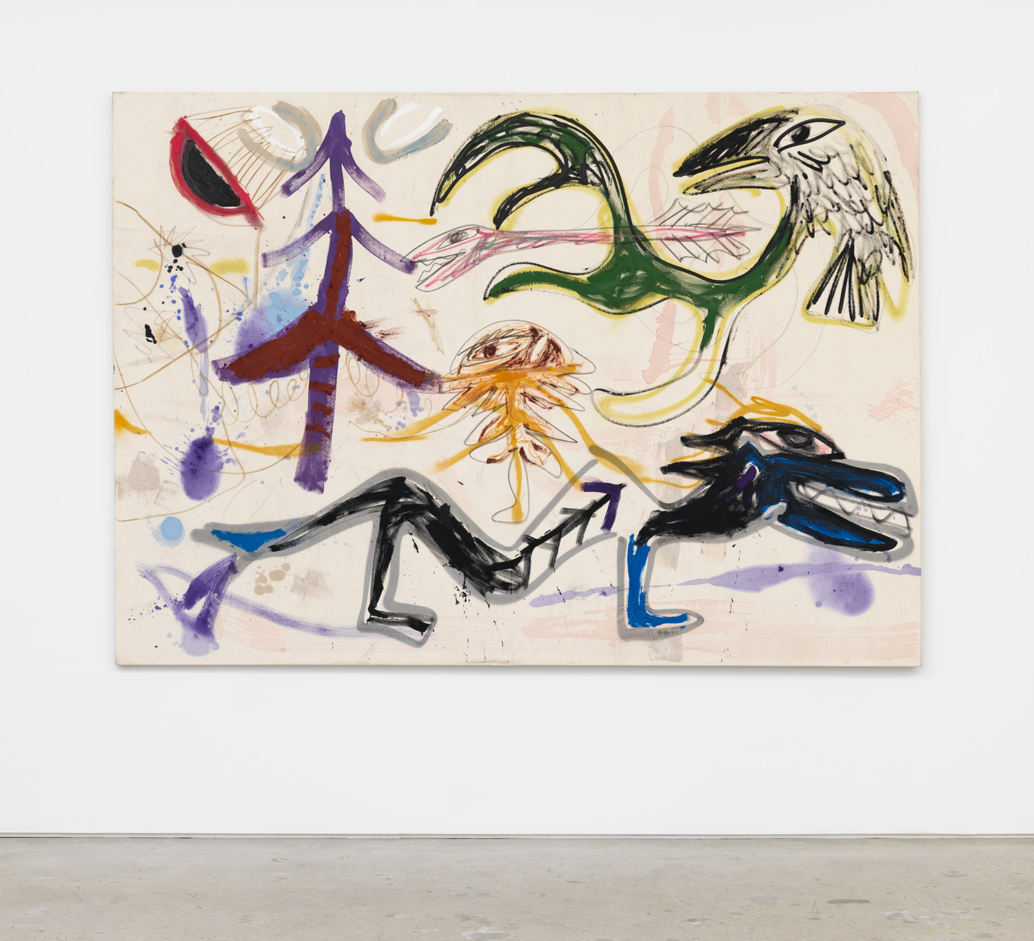 Bill Saylor, Land Rush, 2018, oil, spray paint, conté crayon on canvas, 64.25 x 90.25 in.