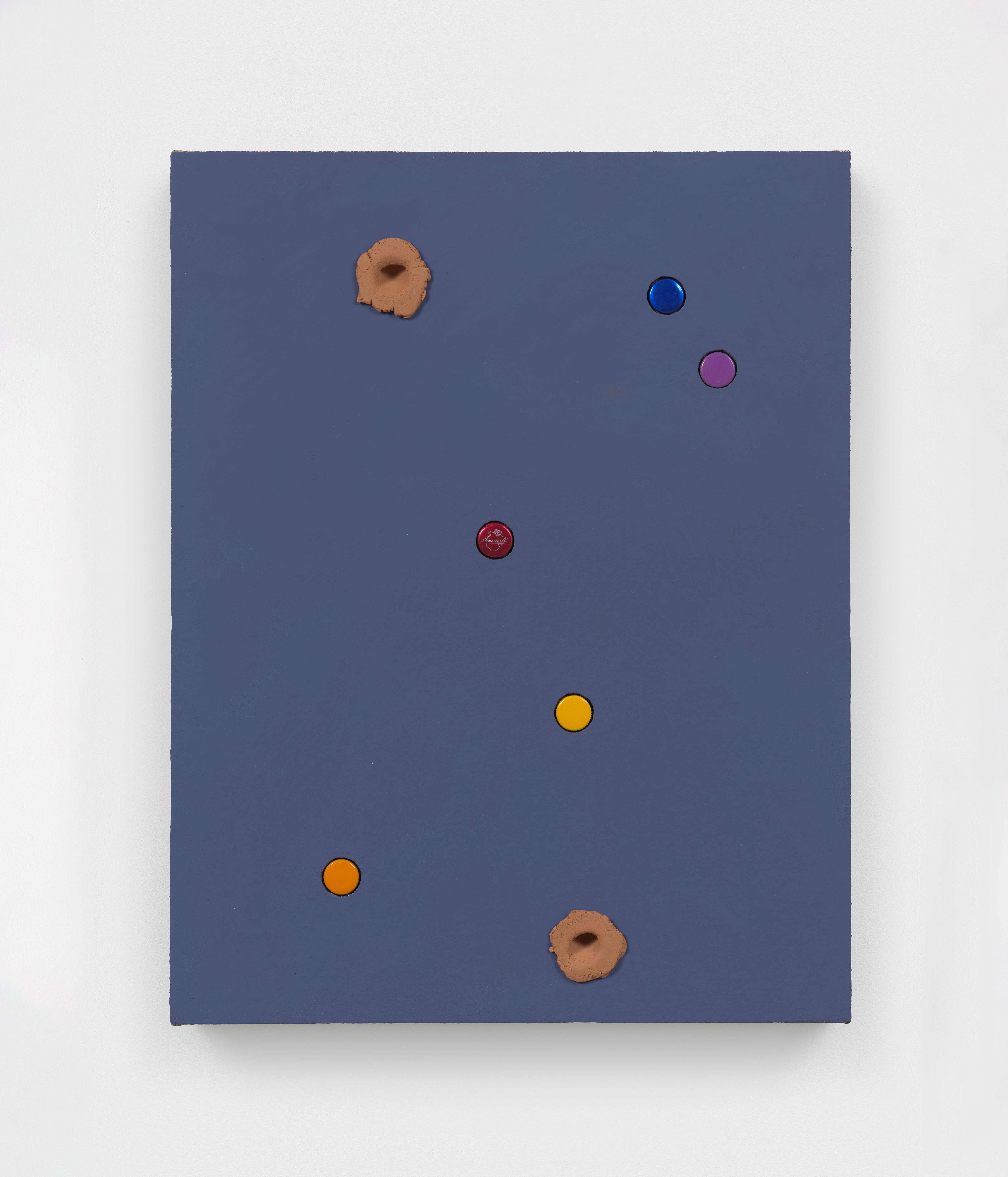 Alex Kwartler, Mixed company, 2023-2025, Oil on linen with bottle caps and clay, 18 x 14 in.