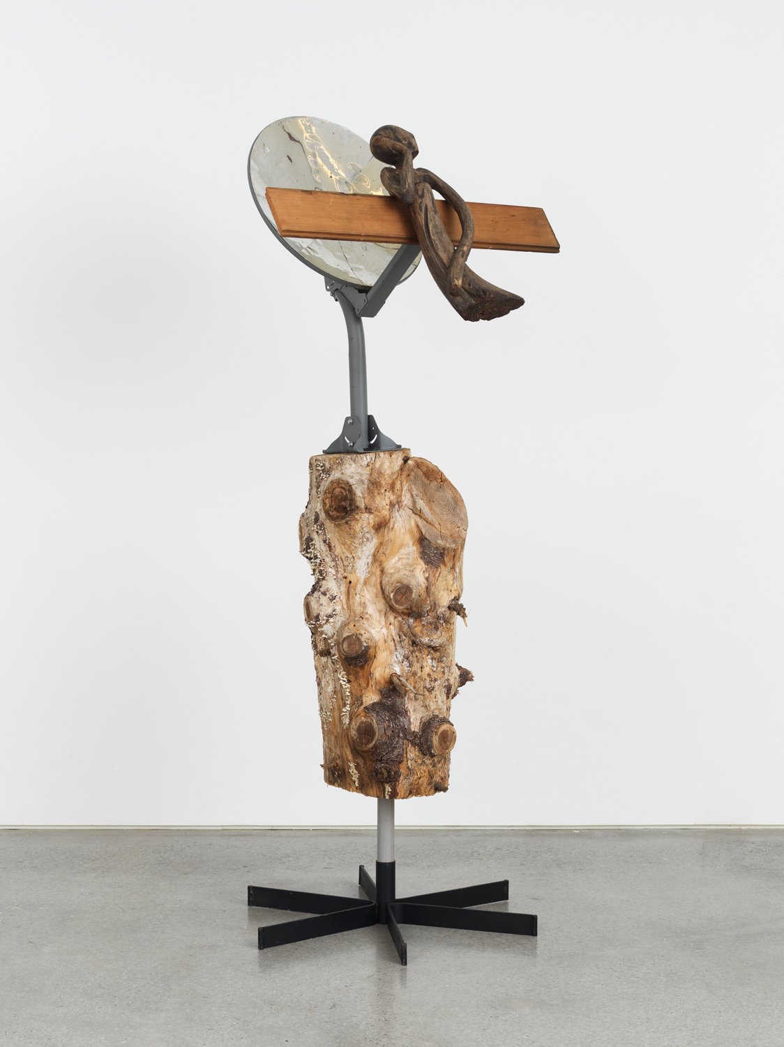 Bill Saylor, Accumulator, 2019, Pine tree trunk, cedar board, metal, mylar, PVC pipe, 77.50h x 36w x 30.50d in.