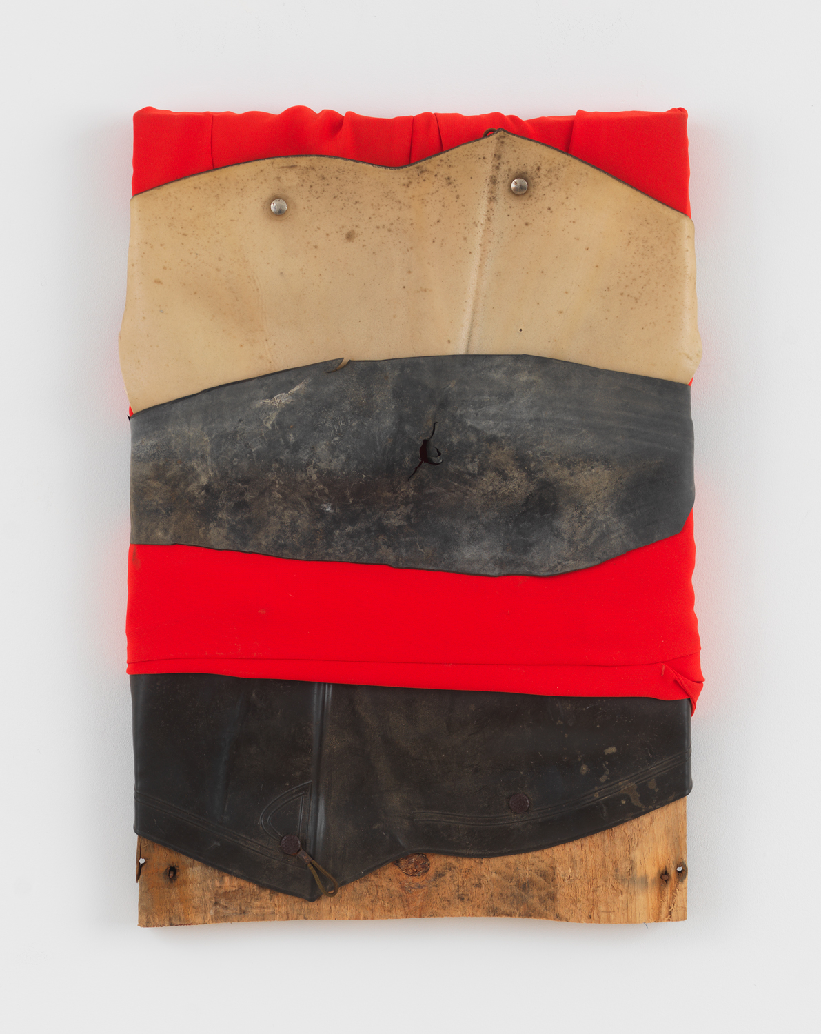 Dan Dowd, Where have you been? Boots, 2023, Found boot rubber and cotton shirt on found board, 21 x 15 x 2 in.