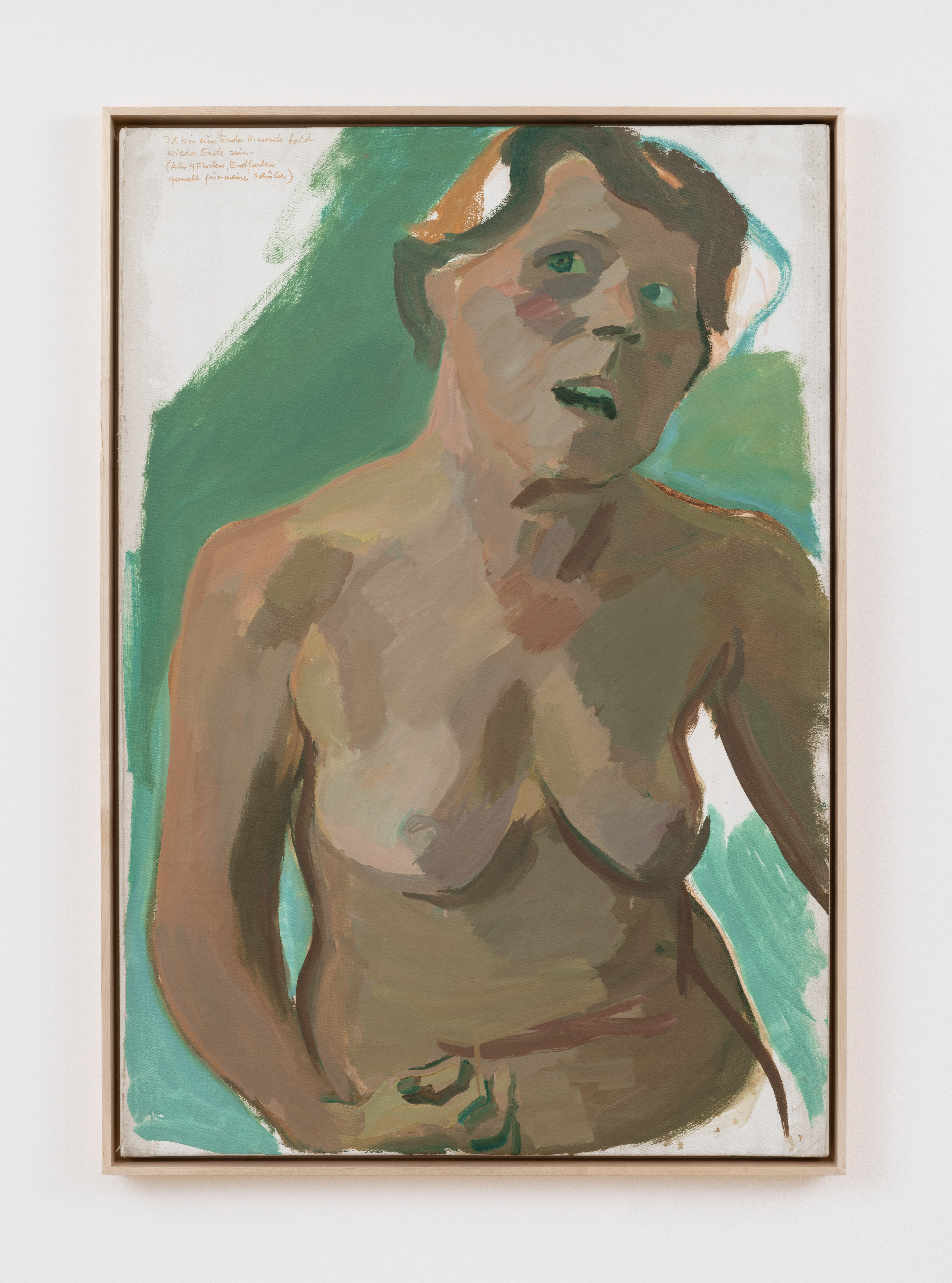 Maria Lassnig, Selfportrait Nude / Ich bin aus Erde u. werde bald wieder Erde sein., ca. 1970 - 1985, Oil on cotton, Framed: 36 3/4 x 25 5/8 in., Unframed: 35 x 24 1/2 in.