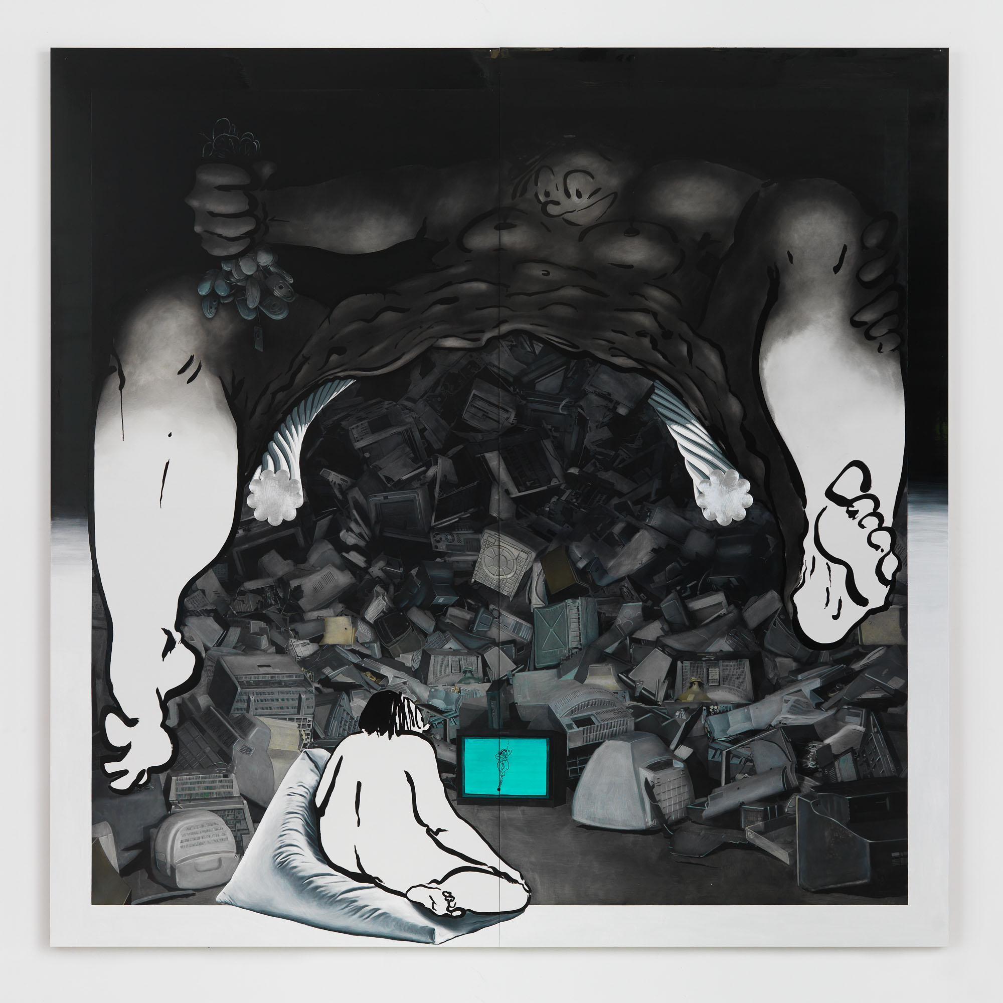 Ebecho Muslimova, Fatebe E Trash, 2022, Enamel and oil paint on Dibond aluminum, 96 x 96 in.