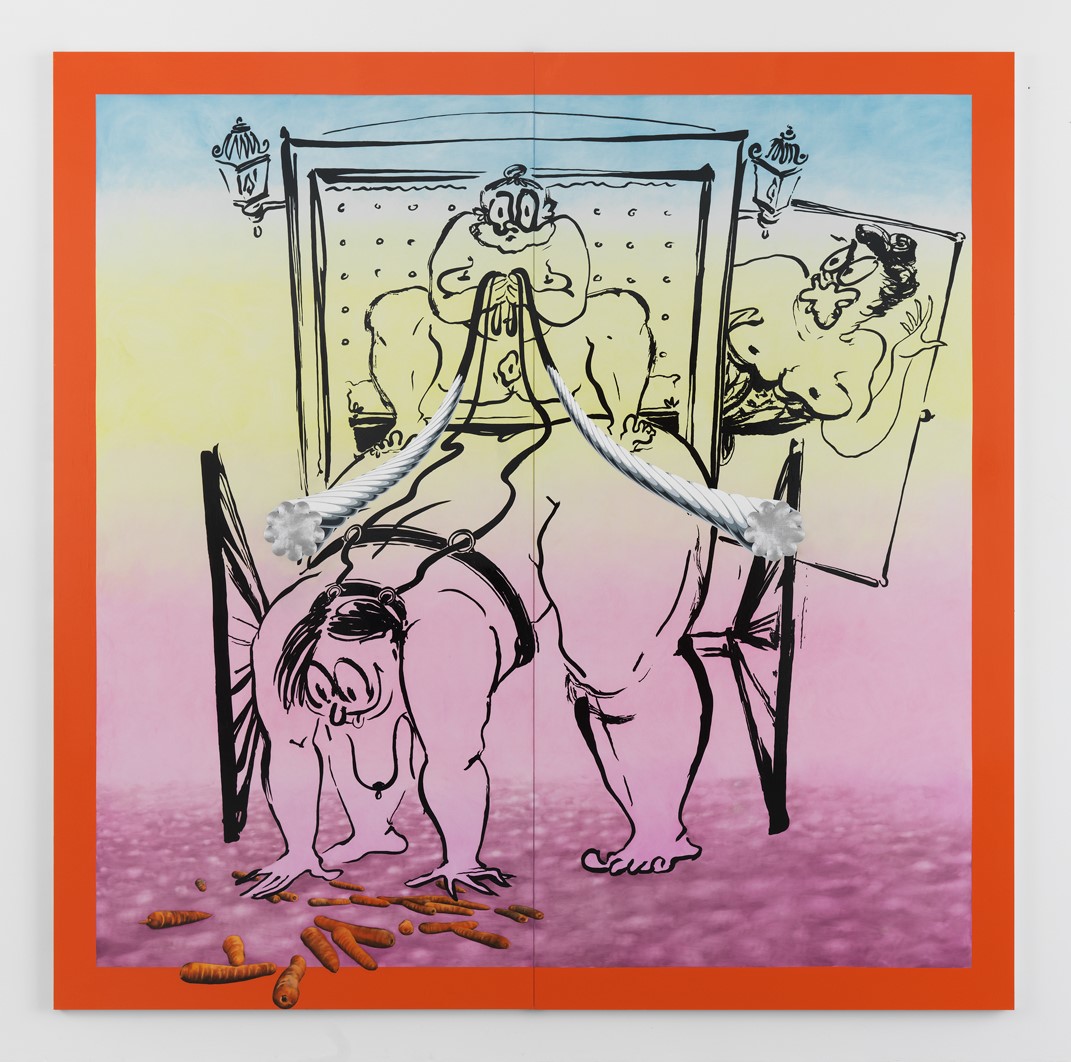 Ebecho Muslimova, Fatebe Horse and Carriage, 2023, Enamel and oil paint on Dibond aluminum, 96 x 96 in.