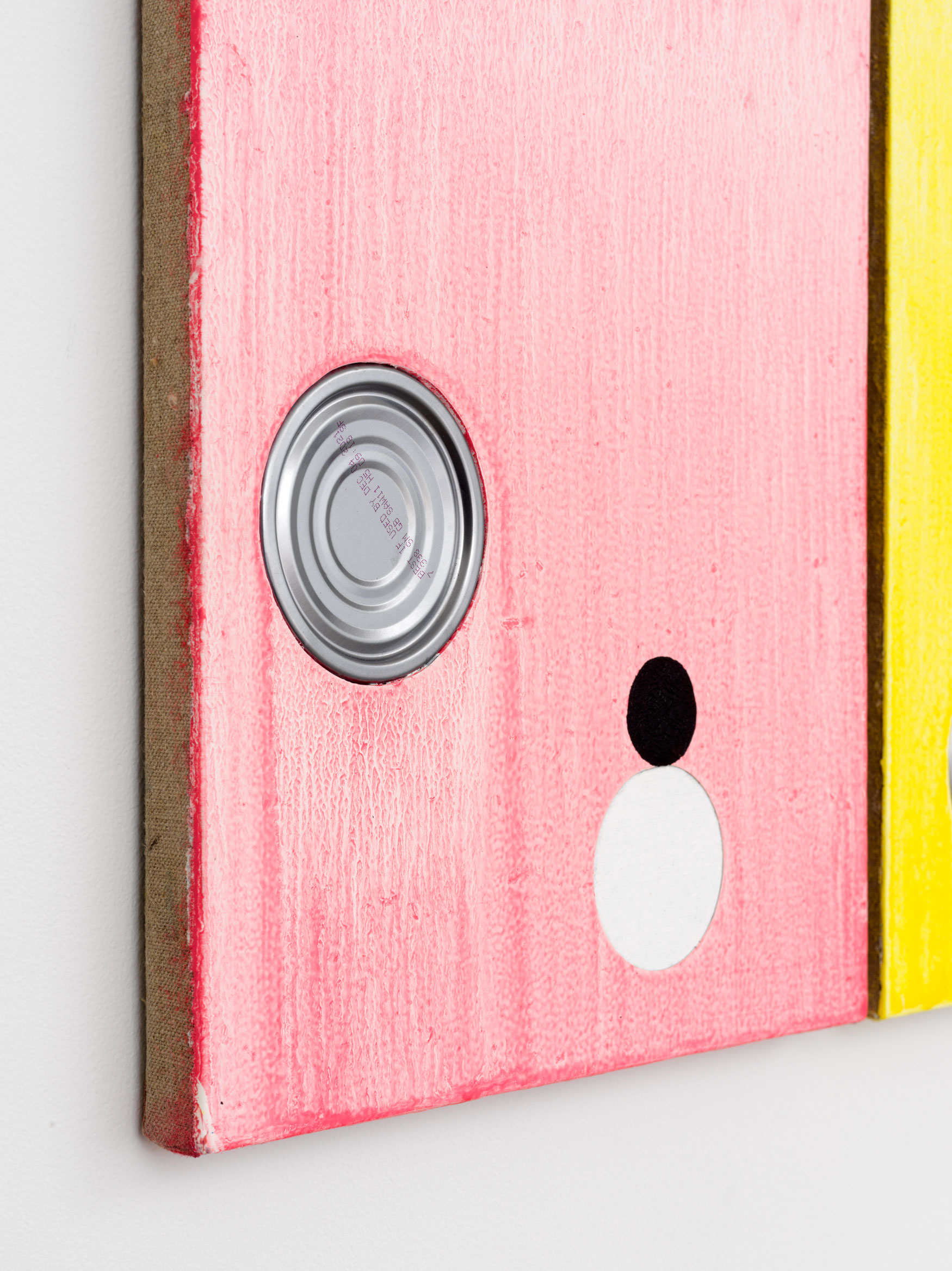 Alex Kwartler, Chord detail, 2019, oil, acrylic, and aluminum can on linen, each panel: 14h x 11w in; overall: 14h x 45.125w in.