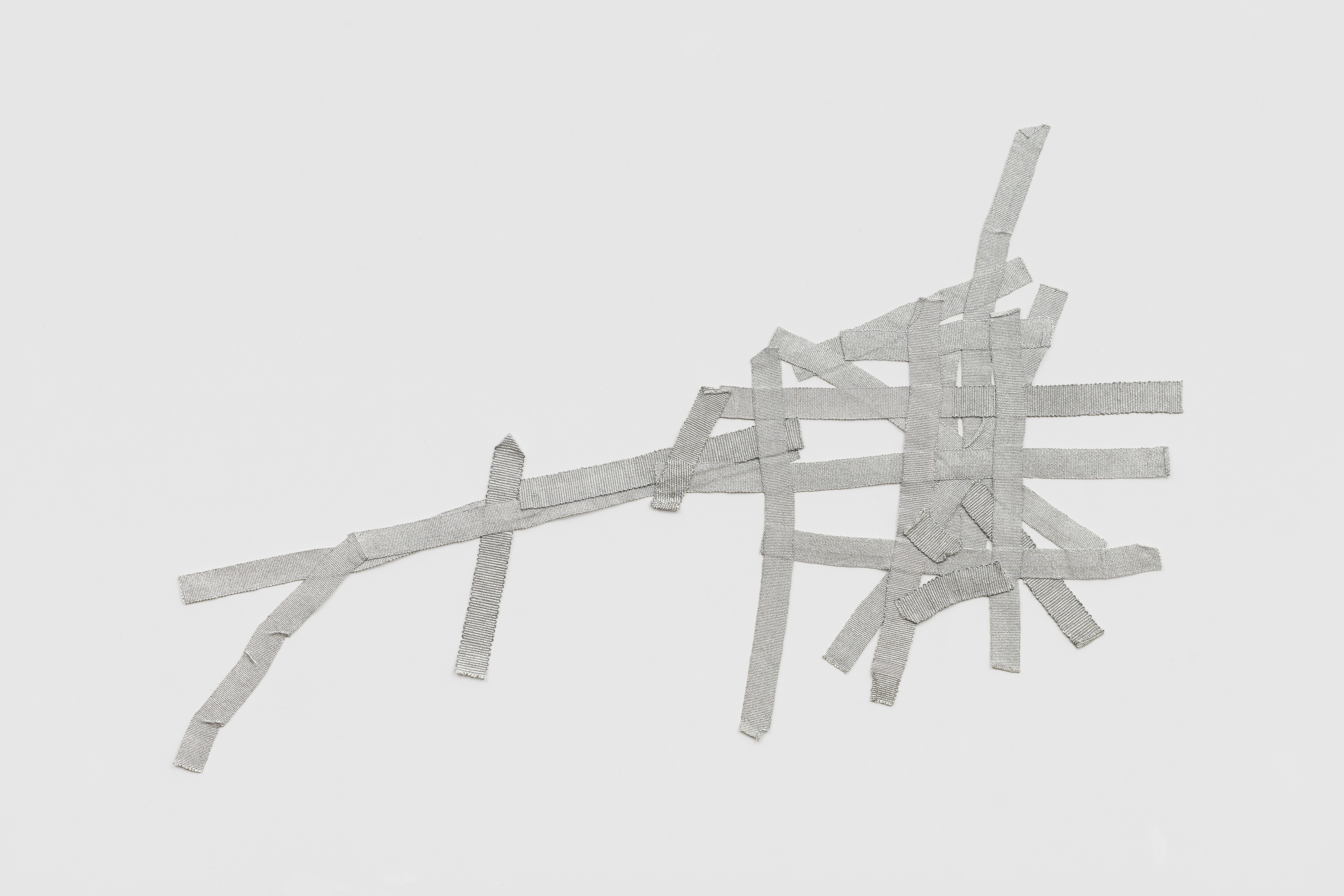 Hana Miletić, Materials, 2025, Hand-woven textile (ash gray organic cotton, grey paper yarn, silver metal yarn, and silver peace silk), 40 3/16 x 55 1/8 x 3/8 in.