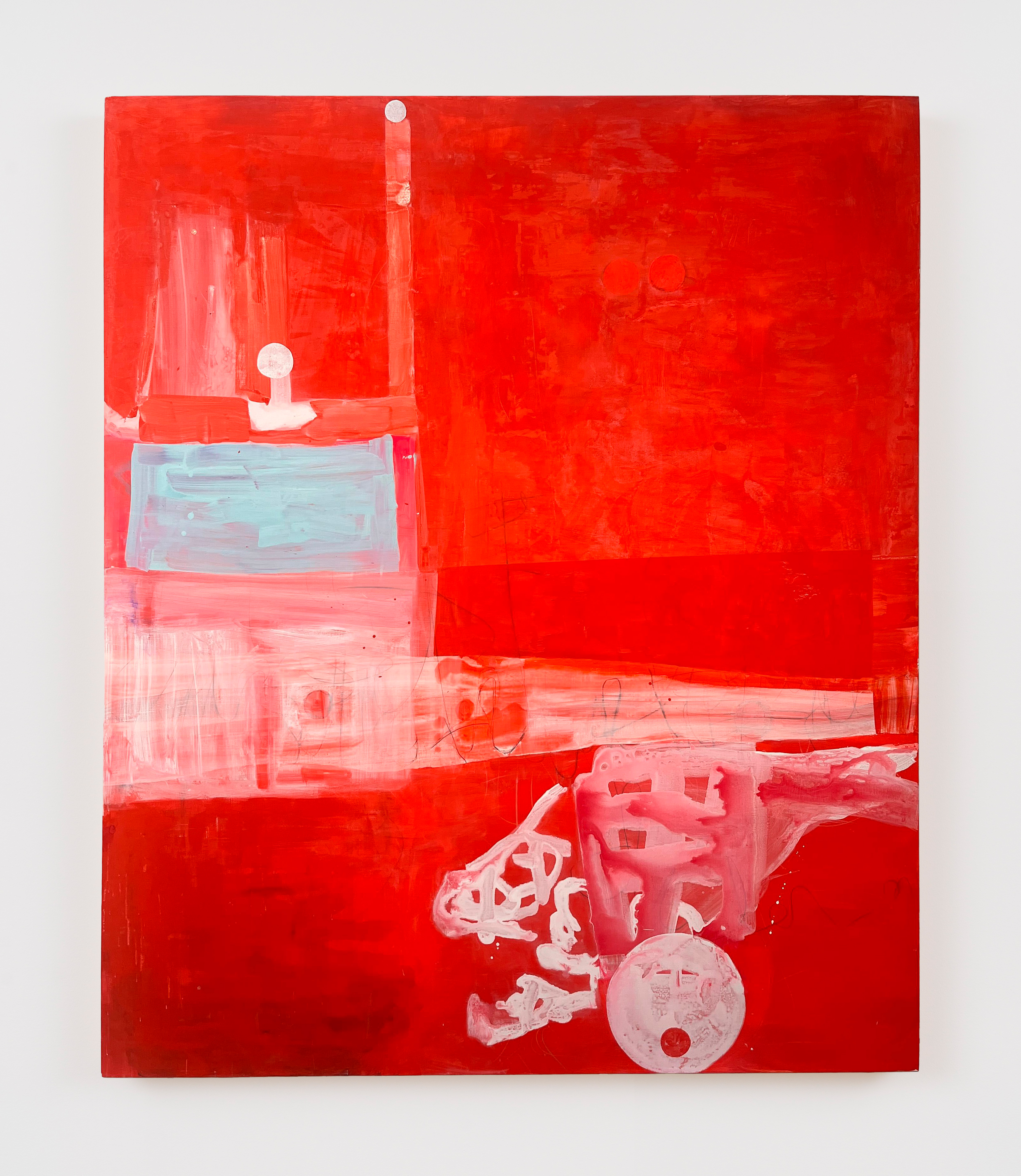 Janis Provisor, Mars Bars, 2025, Flashe, Watercolor, pens, crayon, pencil on linen, 74 x 62 in.