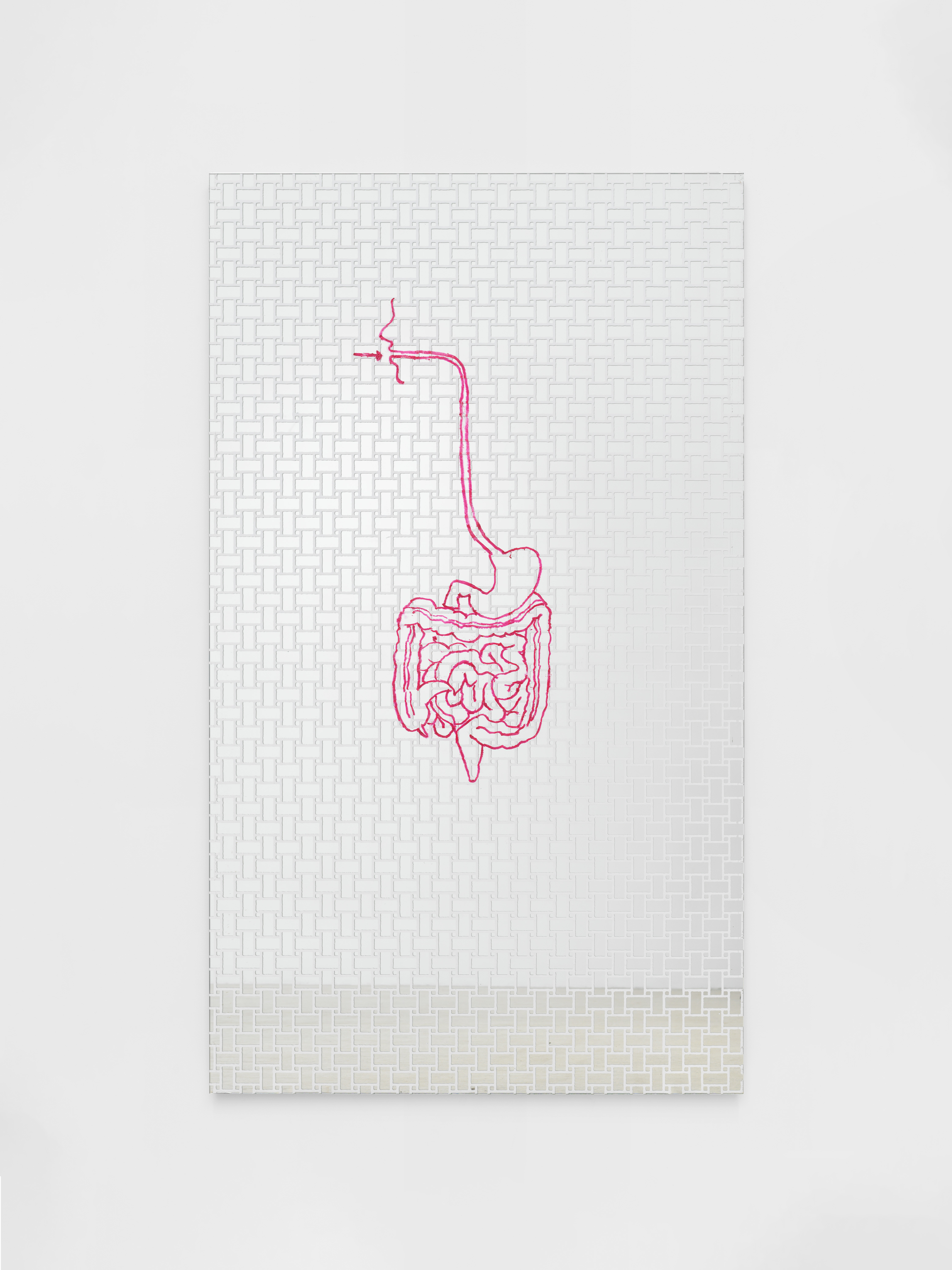 Matt Keegan, Mirror, 2024, Silkscreen on mirror with hardware and Revlon, Super Lustrous, Lipstick Creme, 775 Super Red, 73 x 3 x 43 1/2 in.