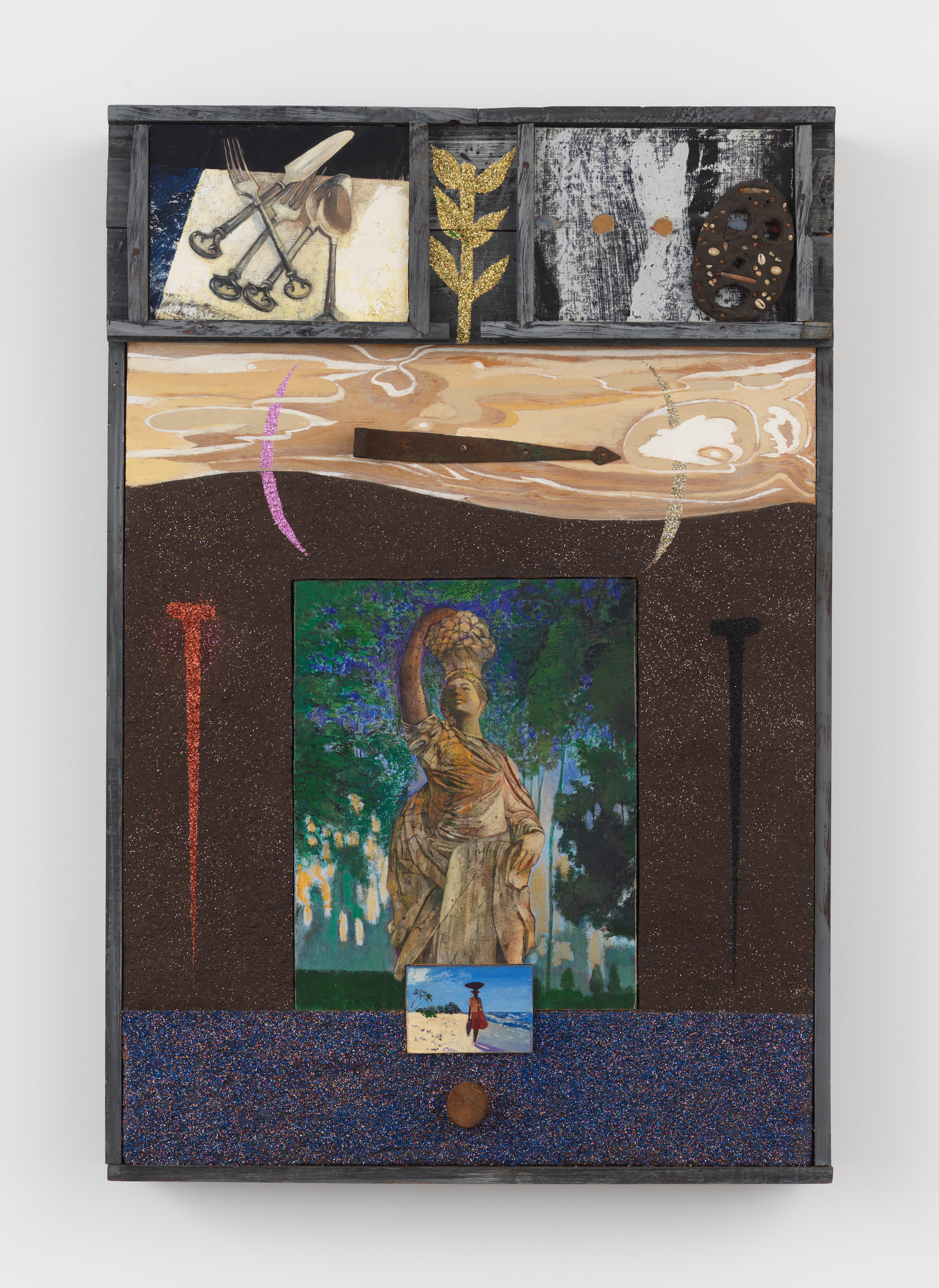 Paul Gardère, Hunger, 1995, Acrylic, glitter, mud, iron hinge, wood log, and clay sculpture on wood, 45 x 36 x 5 in.