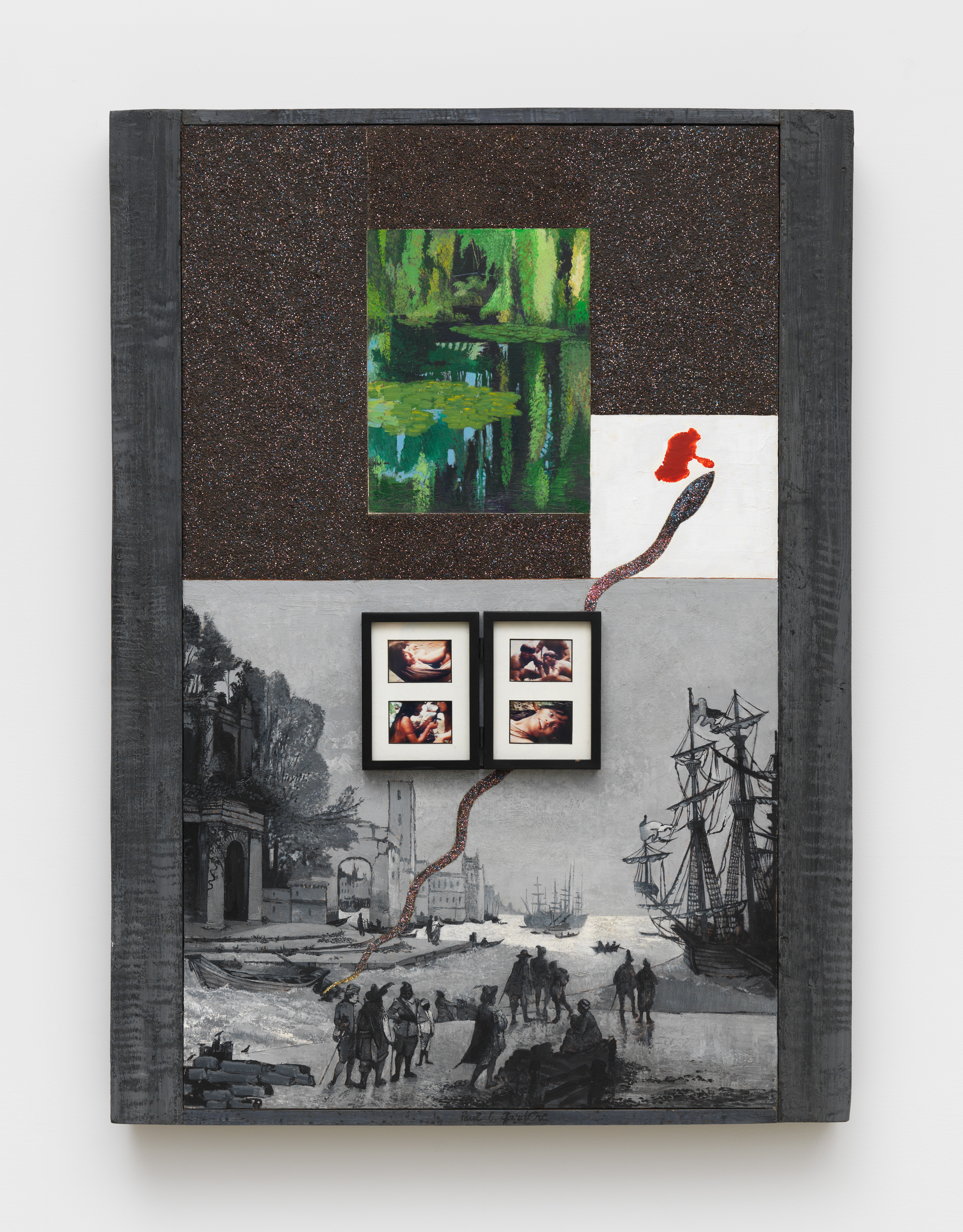 Paul Gardère, Exotic Garden, 1995, Acrylic, mud, glitter, and framed and matted, C-prints on wood, 50 1/2 x 36 x 3 3/4 in.