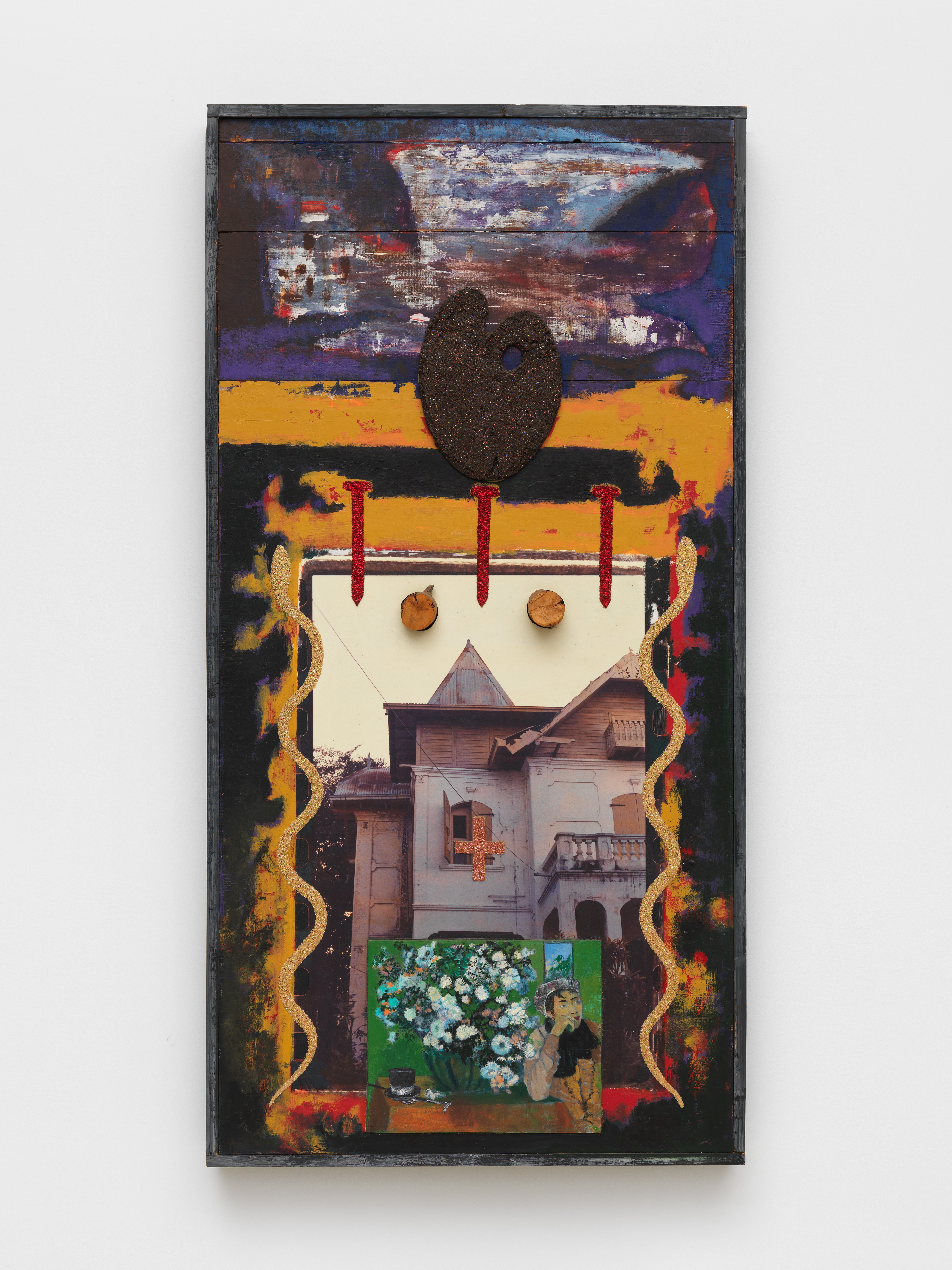 Paul Gardère, Waiting for Daddy, 1998, Acrylic, mud, glitter, digital print, and wood logs on wood, 66 x 33 3/4 x 4 in.