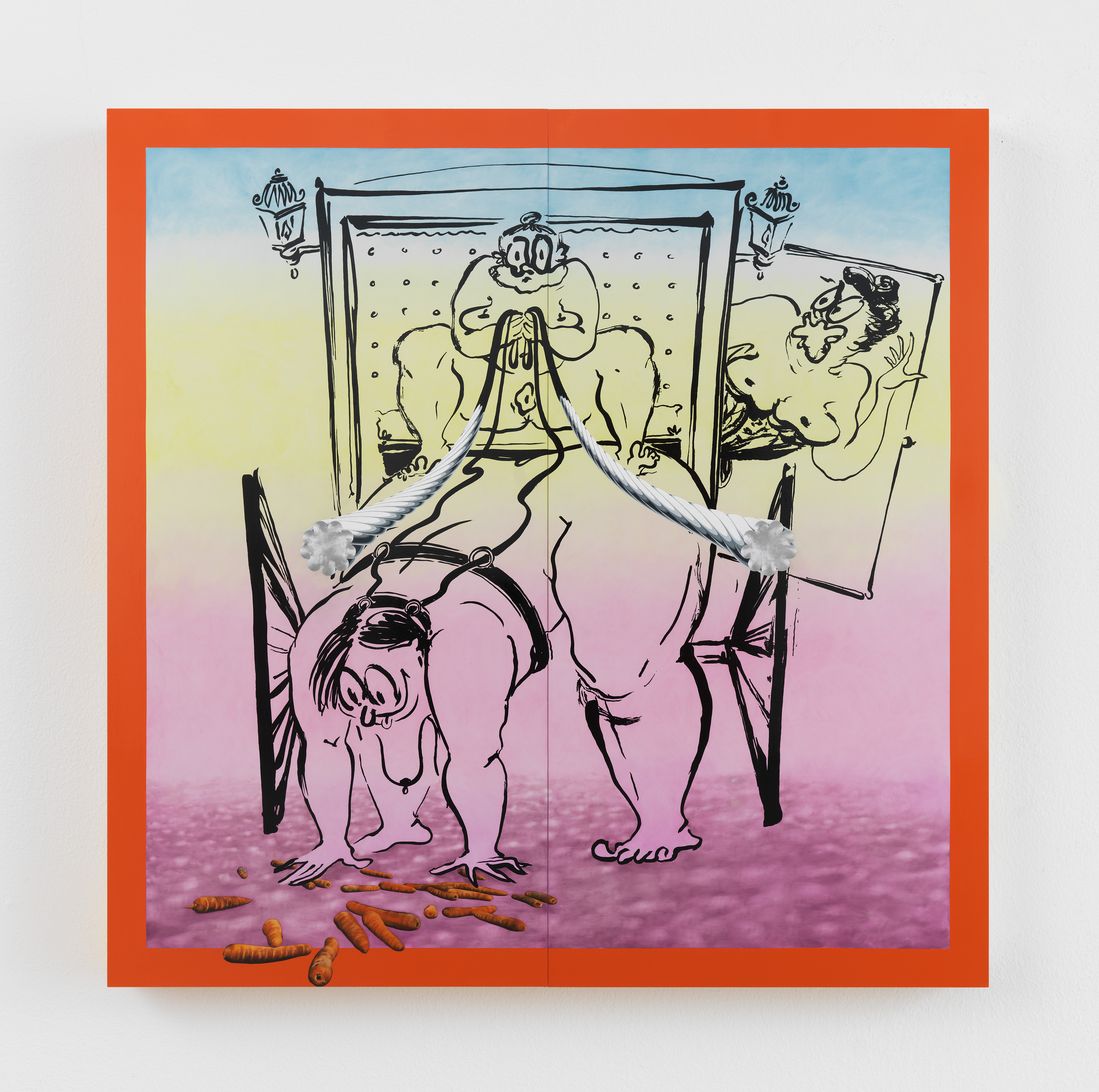 Ebecho Muslimova, Fatebe Horse and Carriage, 2022, Enamel and oil paint on Dibond aluminum, 96 x 96 in.