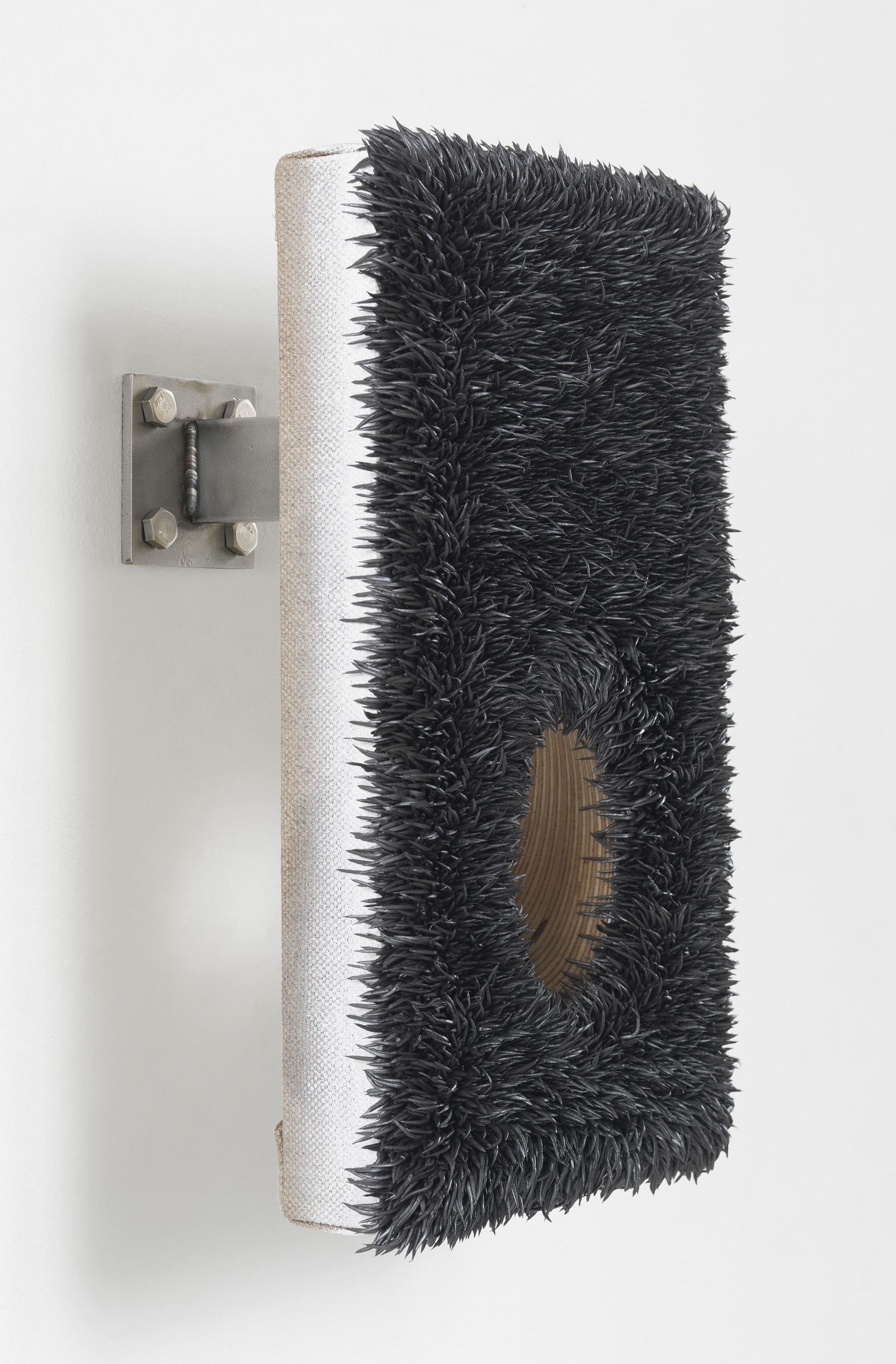 Donald Moffett, Lot 040117 (45° hole, pewter), 2017, oil on linen, wood panel, steel, 12.25h x 7.50w x 6.25d in. Courtesy of the artist and Marianne Boesky Gallery, New York and Aspen. © Donald Moffett. Photo Credit: Christopher Burke Studios.