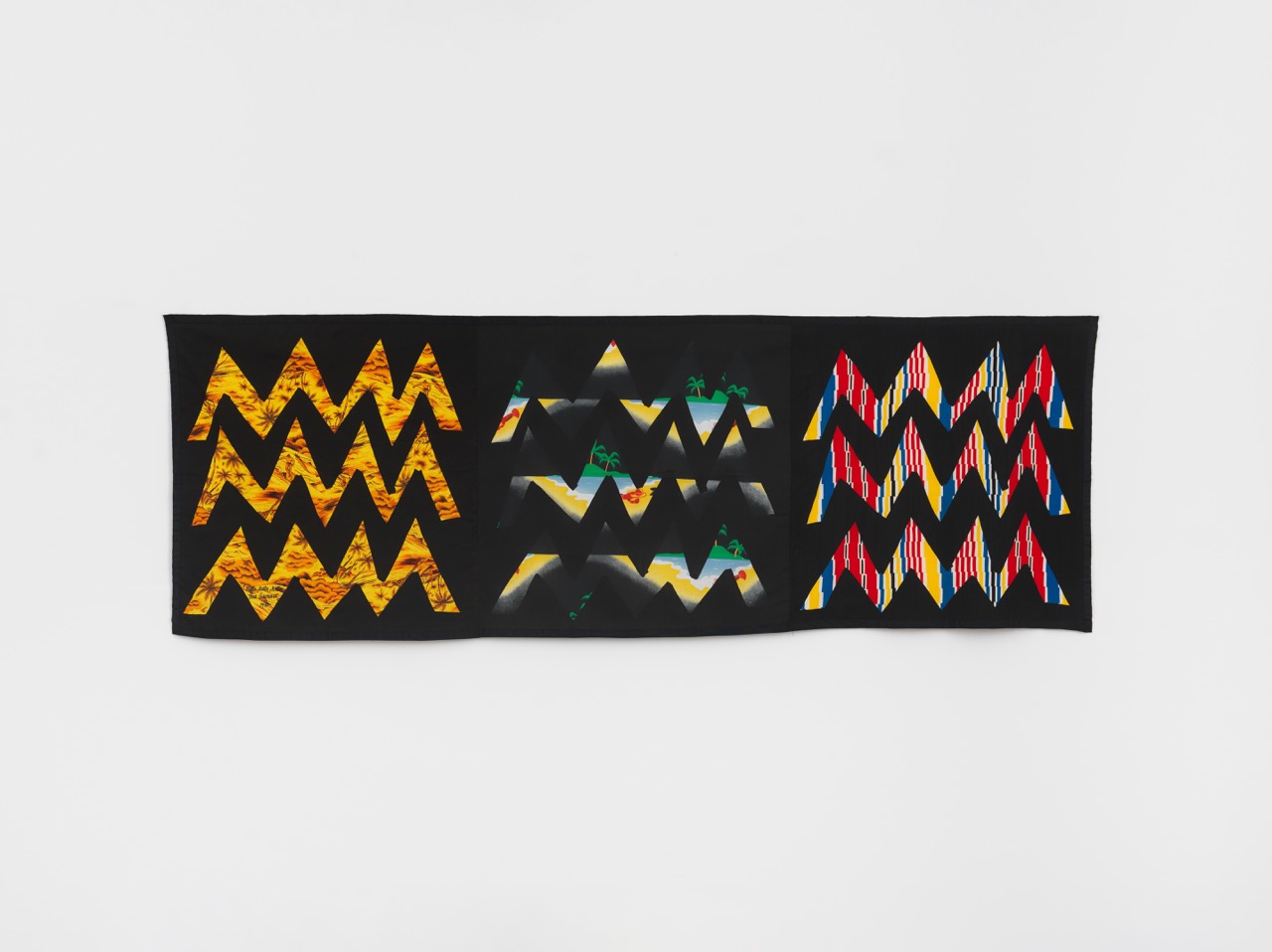 Tina Girouard, Water, Water, Water, 1980, Fabric Workshop DNA-Icons panels with pigment on commercially printed fabrics, in collaboration with The Fabric Workshop and Museum, Philadelphia, 35 1/4 x 104 in.